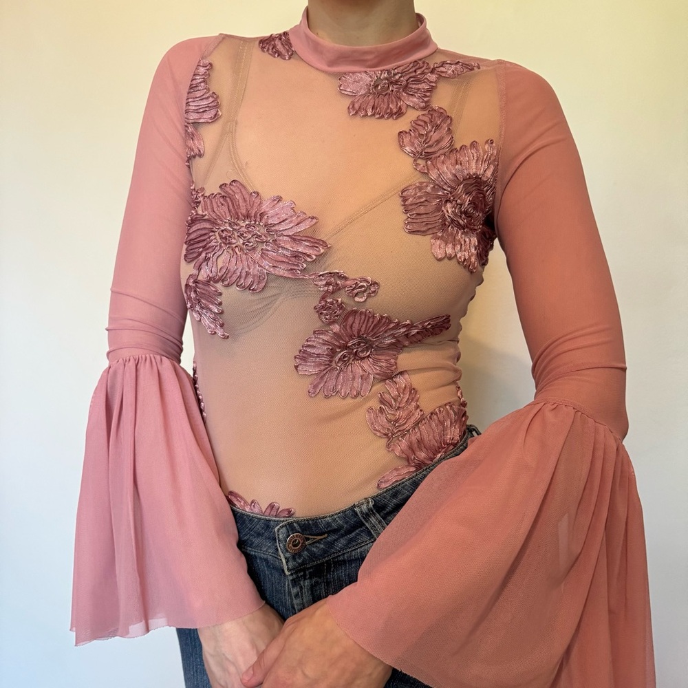 Sheer mesh appliqué bodysuit